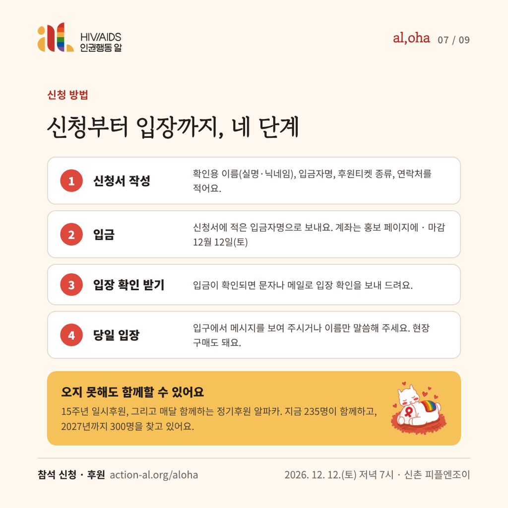 신청 방법. 신청서 작성, 입금, 입장 확인 받기, 당일 입장